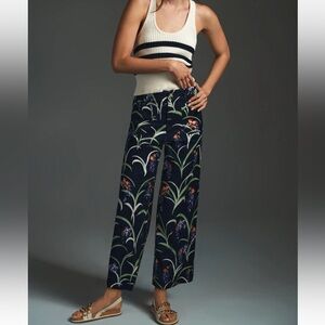 Anthropologie Colette Linen Pants Crop Wide Leg Blue Grass Maeve